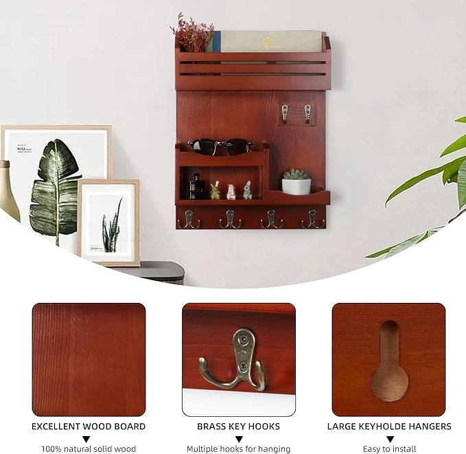 Key Holder for Wall, Wall Mounted Mail Organizer with 6 Metal Key Hooks, Key Racks for Home Entryway Decor, Luxury Auburn