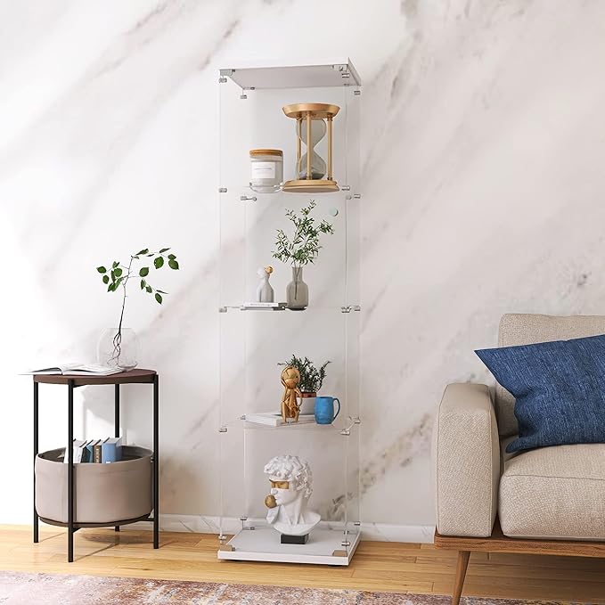 LFT HUIMEI2Y Glass Display Cabinet 4-Shelf with Door and Lock, Curio Cabinets Upgraded Quick-Install Style Tempered Glass Floor Standing Bookshelf for Bedroom, Living Room 65”x 17”x 14” White