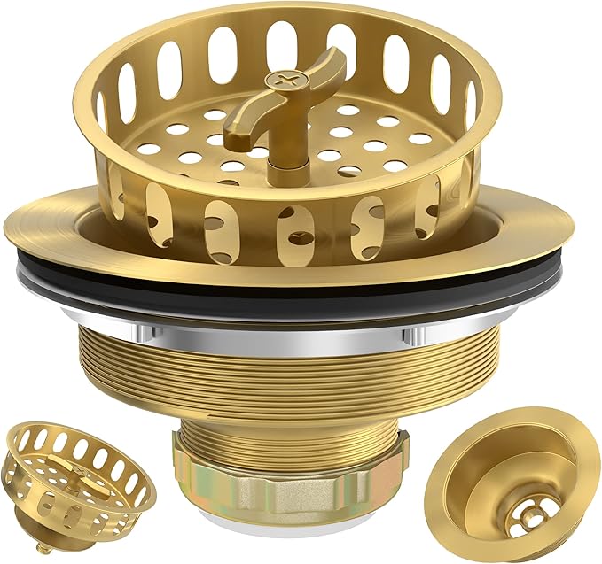 Gold Sink Drain Strainer 3-1/2 Inch Kitchen Sink Drain Assembly Kit with Stainless Steel Strainer Basket and Drain Stopper for Standard Kitchen Sink Brushed Gold