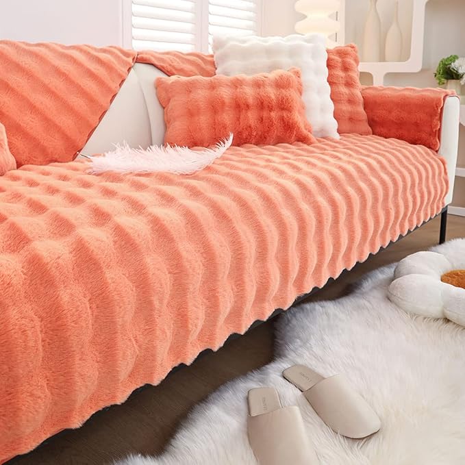 Soft Warm Faux Fur Couch Sofa Cover Thick Shaggy Fuzzy Sectional Couch Cover Non-Slip Solid Color Plush Sofa Slipcover Furniture Protector for Kids, Pets (Light Orange,28"x59")