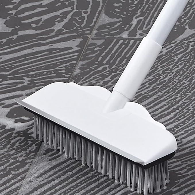 Floor Scrub Brush with Squeegee Long Handle Hard Bristles 2-in-1 Bathroom and Tile Cleaning Scrubbing Brush for Shower and Floor Maintenance
