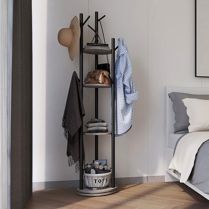 Rotary Coat Rack Freestanding Metal Coat Hall Tree Stand with 4 Tiers Storage Display Shelf and 9 Hooks for Entryway Bedroom Corner Office Garment Clothes Holder (Grey)