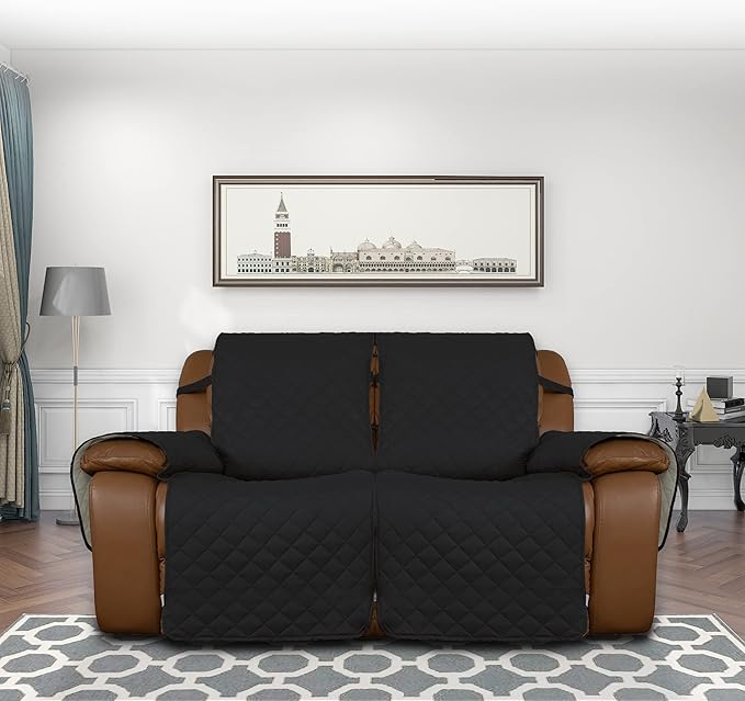 Easy-Going Oversized Loveseat Recliner Cover, Reversible Couch Cover for Double Recliner, Split Sofa Cover for Each Seat with Elastic Straps for Kids, Dogs, Pets(Oversized 2 Seater, Black/Beige)