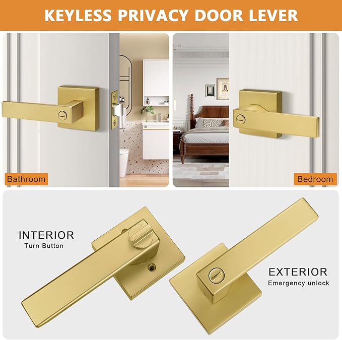 Probrico Gold Privacy Door Handle Lockset Heavy Duty Interior Door Lever for Bedroom Reversible Keyless Handleset Door Knob 3 Pack