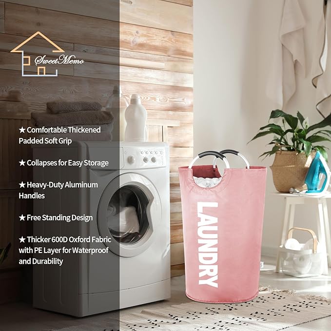 Laundry Hamper Bags 2 Pack, Large Laundry Baskets Collapsible, Dirty Clothes Hampers with Handles, Freedstanding Laundry Bin for Bedroom, College Dorm Room, Sturdy, Easy Carry (Pink)