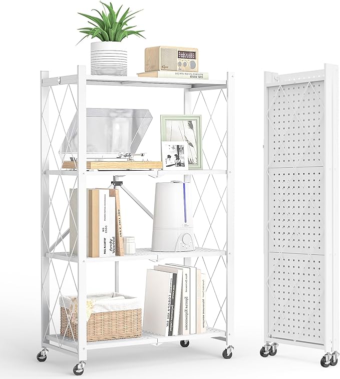 4-Tier Folding Metal Storage Shelf with Wheels, No Assembly Organizer Rack, Heavy Duty Collapsible Shelving Unit for Garage, Kitchen, Basement, Pantry, Living Room(New Upgrade - White, 4 Tier)