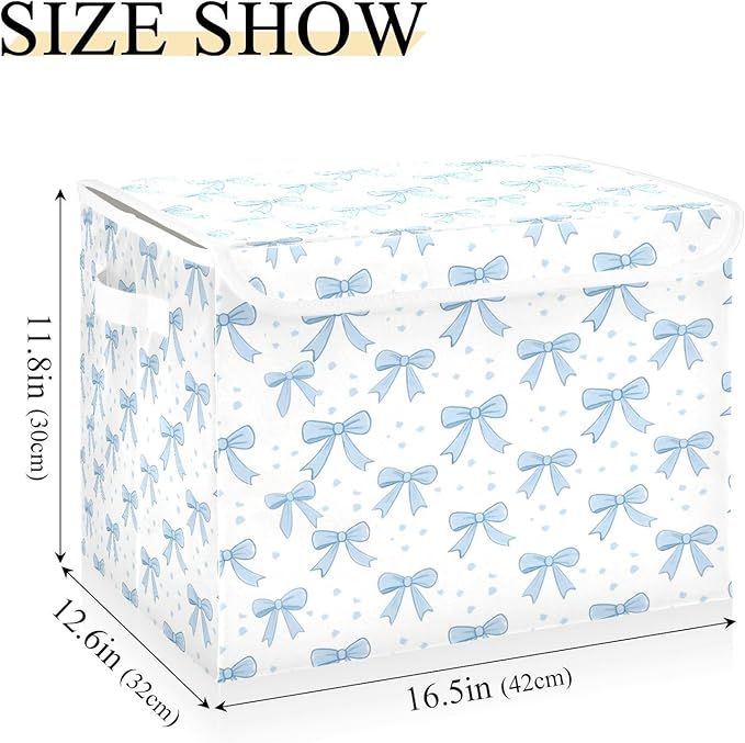 Blue Bows Fabric Storage Bin with Lid, Collapsible Basket with Handles, Shelf Cube Closet Organizer for Home and Bedroom