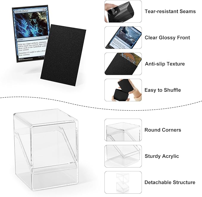 Card Deck Case, Deck Box with 100 Pack Card Sleeves and Divider, Standard Clear Commander Cards Storage Box Perfect Fit for MTG, Sport, Trading Cards (Black)