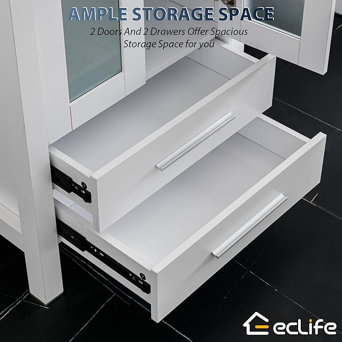 eclife 60" Modern Bathroom Vanity Sink Combo Freestanding Cabinet with Small Side Cabinet, White Rectangle Ceramic Vessel Sink, Water Save Faucet, Drain (White+T03)