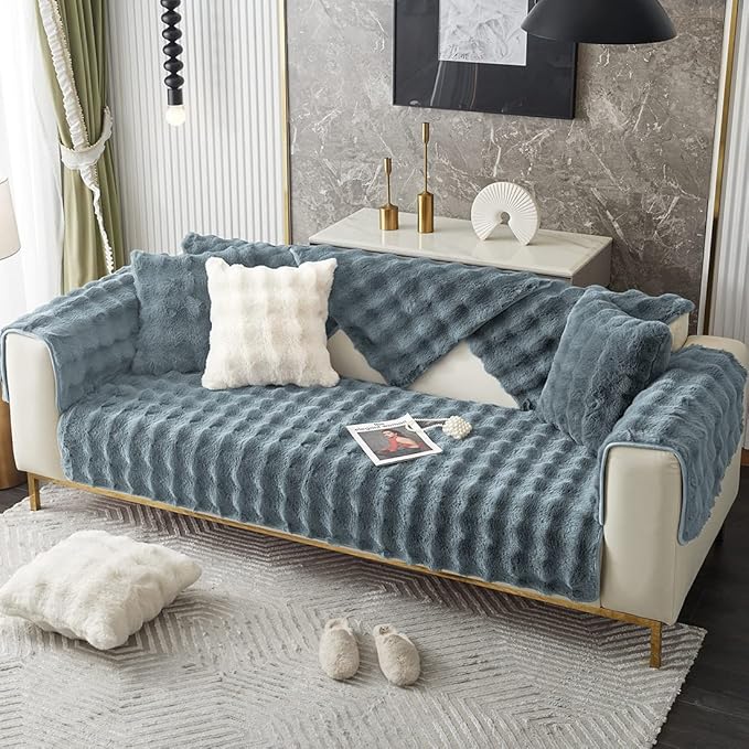 Soft Warm Faux Fur Couch Sofa Cover Thick Shaggy Fuzzy Sectional Couch Cover Non-Slip Solid Color Plush Sofa Slipcover Furniture Protector for Kids, Pets (Grey Black,36"x70")