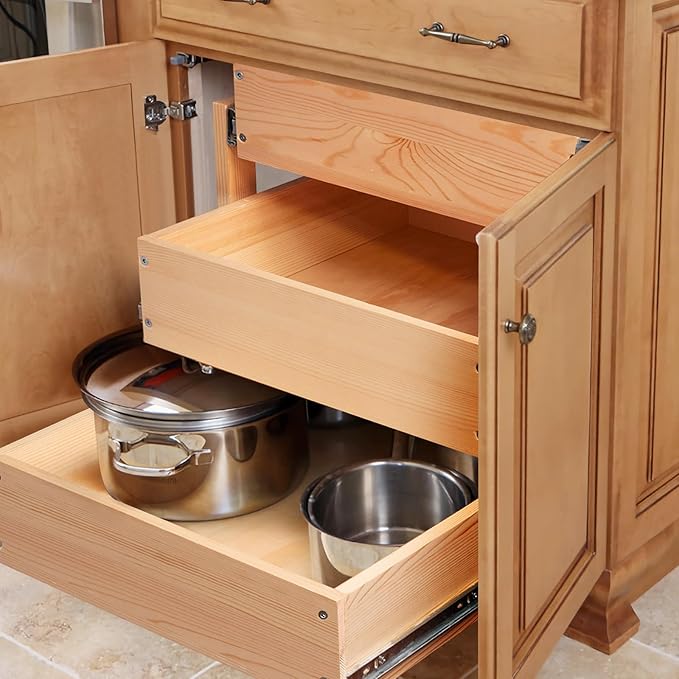 Pull Out Drawers For Cabinets, 26''W×21''D×19''H Soft Close Slide Out Wood Shelves Storage Organizer for Kitchen, 3-Tier, Finished, Heavy-Duty, Bottom Assembly