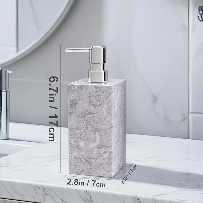 Real Natural Marble Soap Dispenser with Stainless Steel Pump Decorative Liquid Hand Soap Bottle for Kitchen Bathroom, Compatible with Lotion, Dish Soap Shower Gel (Grey 1 Set)