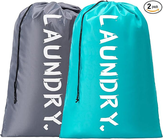 2 Pack XL Travel Laundry Bag, Machine Washable Dirty Clothes Organizer with Drawstring,Large Enough to Hold 4 Loads of Laundry, Easy Fit a Laundry Hamper or Basket Travel Essentials 24" x 36"