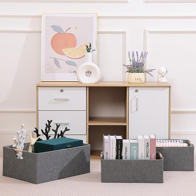 ANMINY 6PCS Storage Baskets for Organizing Collapsible Fabric Storage Bins Boxes with Wood Handles Closet Shelves Cube Organizer Bins Clothes Laundry Storage Container - Small, Gray