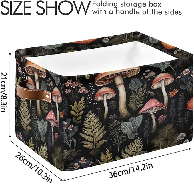 Storage Basket Mushroom Rectangular Collapsible Canvas Shelves Storage Bins with Leather Handles for Shelves Home Closet Bedroom Living Room, 1Pack