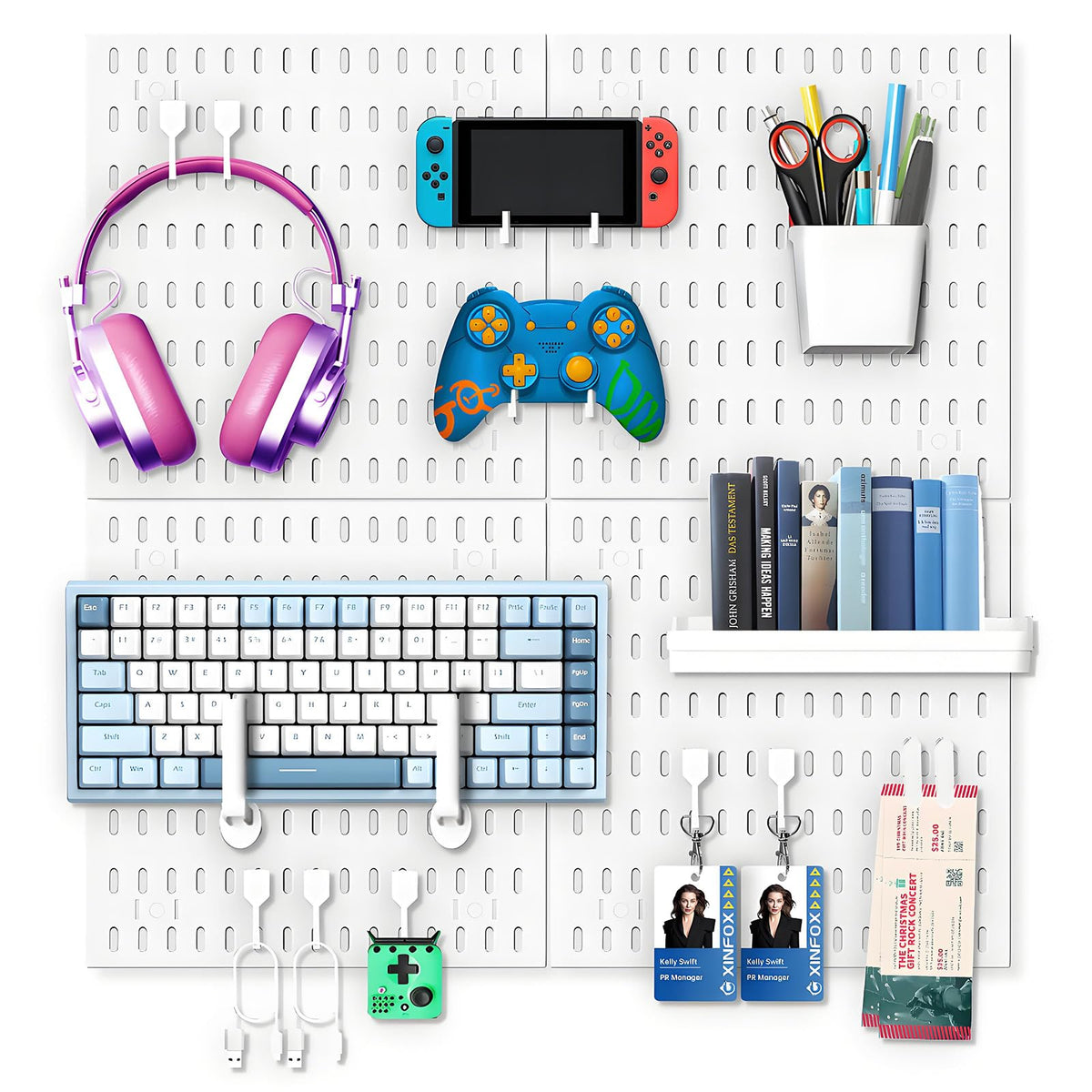 White Pegboard Kit Wall Organizer Panels with Bins Hooks Shelves - Image 1