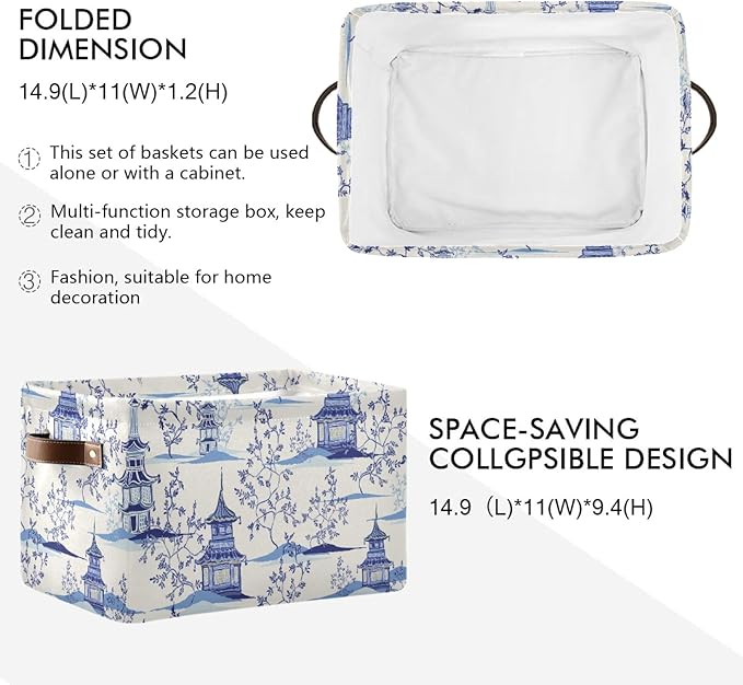 susiyo Large Closet Storage Bin Pagodas Chinoiserie Fabric Storage Baskets Collapsible Decorative Baskets Organizing Basket Bin with PU Handles for Shelves Home Closet Bedroom Living Room-2Pack