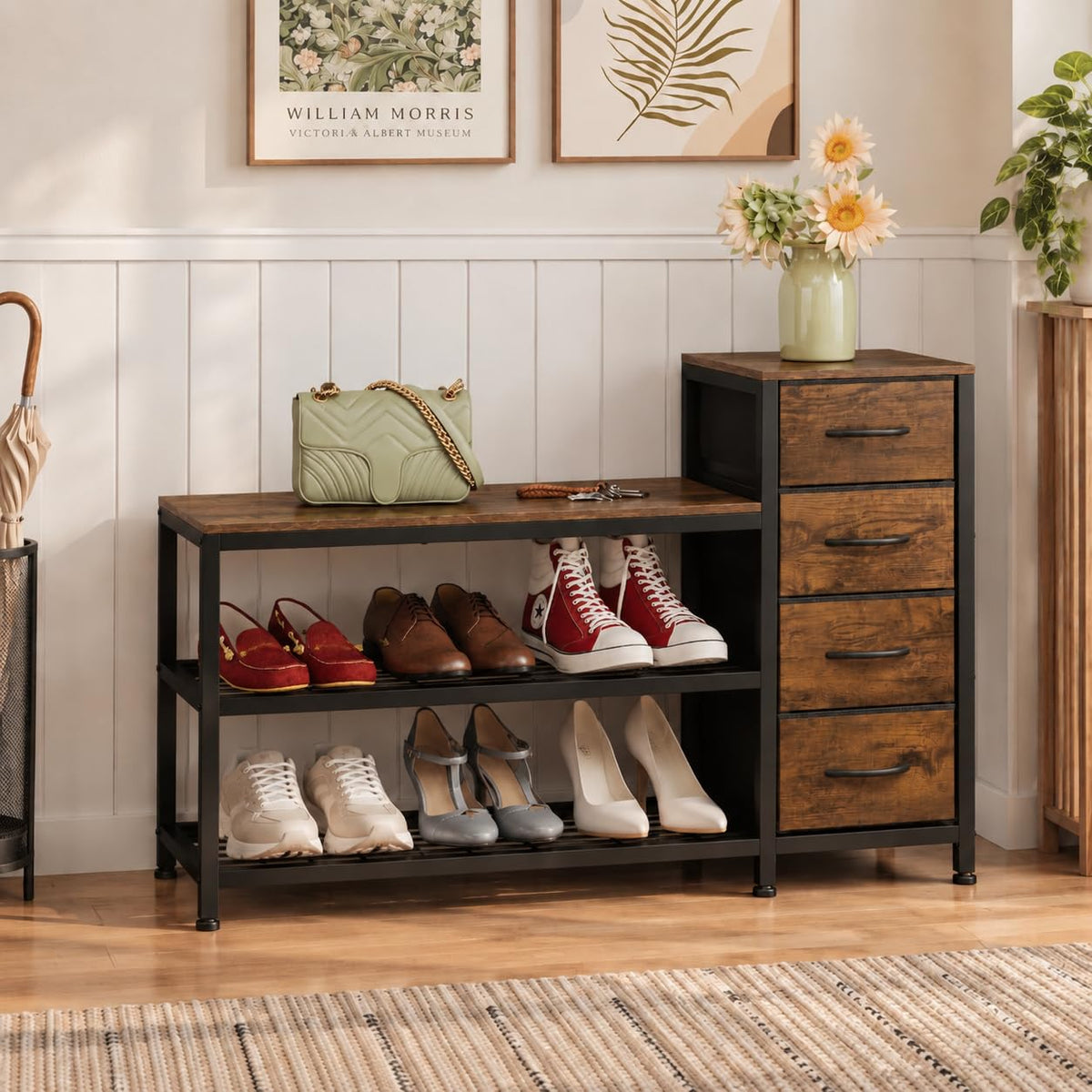 EXOTICA Industrial Shoe Storage Bench with 4 Drawers & - Image 1