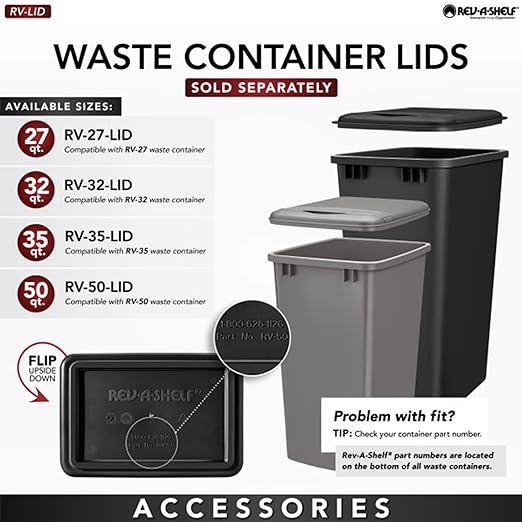 Rev-A-Shelf Polymer Replacement 35 Quart Trash Bin Recycle Waste Garbage Container for Kitchen Cabinet Pullouts, Silver, 2 Pack, RV-35-17-2
