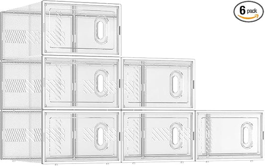 BALEINE 6 Pack Stackable Shoe Storage Boxes Fit Size 9, Thickened Clear Shoe Box Bins with Lids, Plastic Foldable Shoe Rack Organizer Sneaker Storage Containers (Large, White)