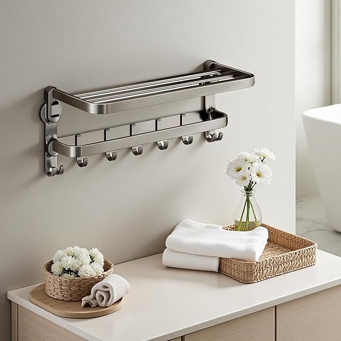Aluminum Alloy Suction Cup Towel Rack, Bathroom Storage Shelf, No-Drill Mounting (Small)