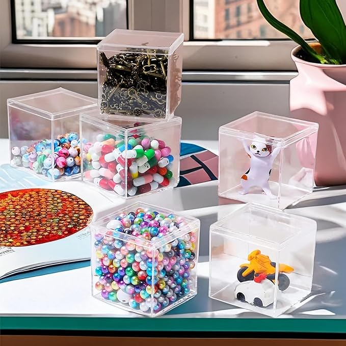 Acrylic Box with Lid,2 Packs Clear Square Cube Plastic Box for Organize Small Acrylic Square Cube Storage Container Drawer Organizer for Birthday Valentine's Day Party Favor