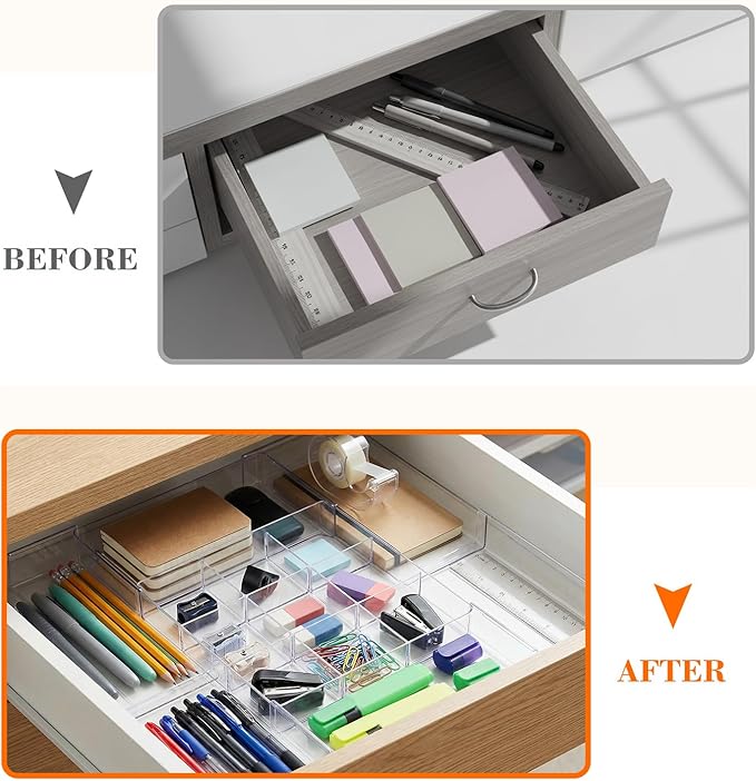 2 Pcs Large Expandable Acrylic Drawer Organizers, Grid Adjustable Drawer, Dividers Organizer for Desk, Makeup, Jewelry, Office, Kitchen Supplies (Clear,15 Compartments)