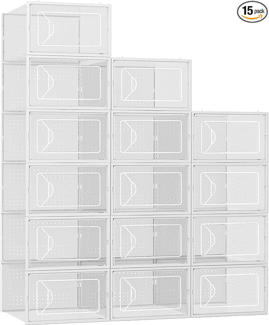 Shoe Storage Box, 15 Pack Clear Plastic Stackable Shoe Organizer for Closet, Interlocking Design Shoe Container Bins for Sneakers, Foldable Shoe Rack with Lids, White