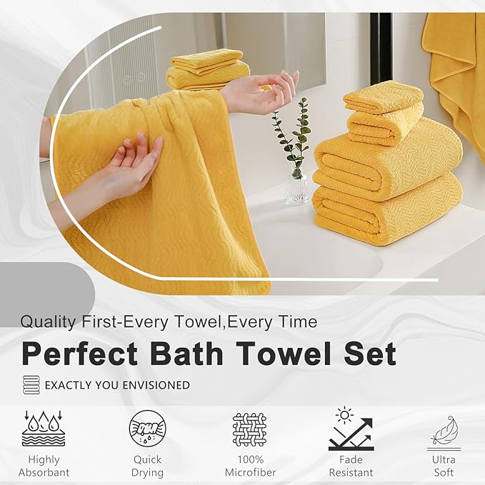 8 Piece Bath Towel Set |2 Oversized Large Bath Sheet,2 Hand Towels,4 Washcloths| Ultra Soft Cozy Bath Towel Set for Bathroom Hotel Gym Spa,Highly Absorbent Quick Dry Bathroom Towel Collections,Yellow