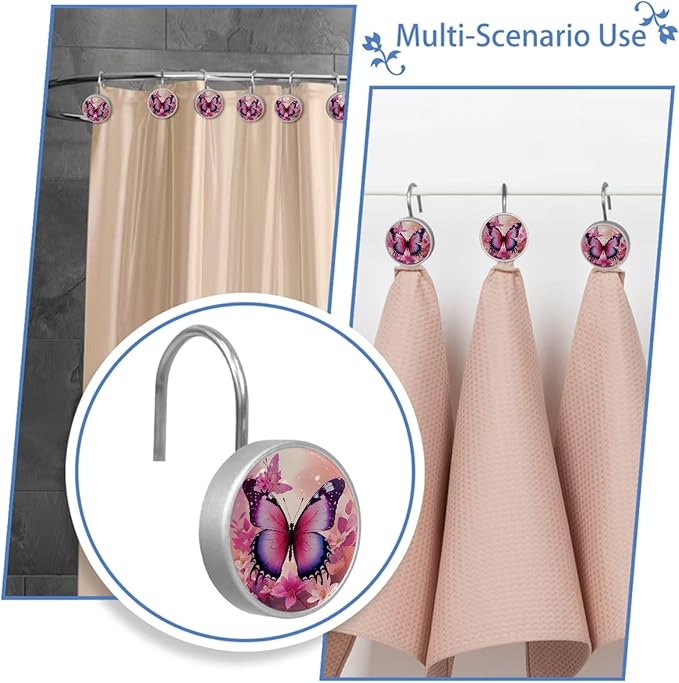 12 Packs Butterfly and Pink Floral Shower Curtain Hooks, Stainless Steel Glass Shower Curtain Rings for Bathroom Decor, Metal Rustproof Curtain Rod Hooks