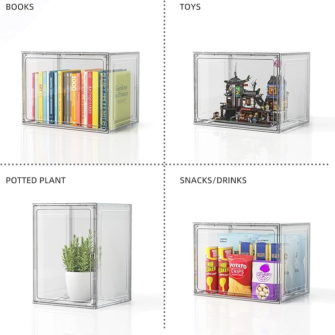 5 Pack Stackable Storage Bins with Lids, White Plastic Storage Container with Clear Lids, Clear Display Case with Magnetic Door for Purse, Handbag, Figure, Collectibles, Doll, Bag, 14.2"x8.66x10.6"