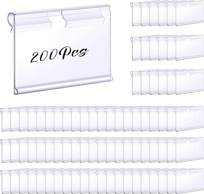 Tatuo 200 Pcs Reusable Plastic Wire Shelf Label Holders, Price Card Sign for Pantry Retail Supermarket Merchandise Shopping Mall Shop Ticket Display Holder Clip on Design, 2.36" L x 1.65" H (Clear)