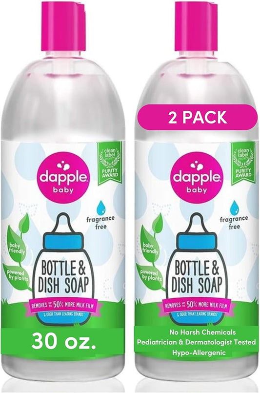 Dapple Baby Bottle Soap & Dish Soap, Fragrance Free, Plant Based Dish Liquid for Dishes & Baby Bottles - Hypoallergenic Soap, Liquid Soap, 30 Fl Oz (Pack of 2)