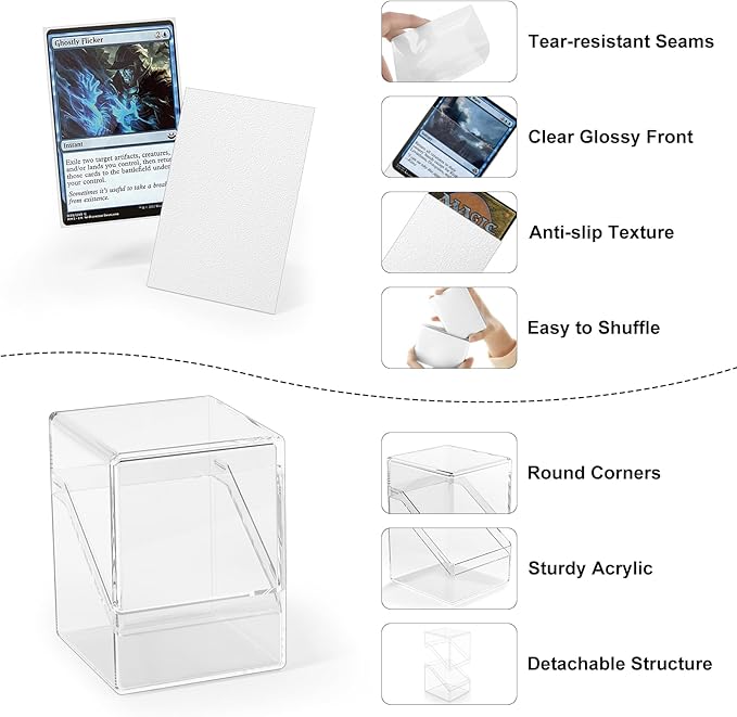 Card Deck Case, Clear Deck Box with 100 Pack Card Sleeves and Divider, Standard Size Commander Deck Storage Box Perfect Fit for MTG, Sport, Trading Cards (White)
