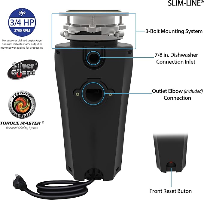 TITAN 10-US-TN-960-SL-3B Torque Garbage Disposal System with Stainless Steel Impellers & Griding Components, Black (3/4 HP | Slime Line)