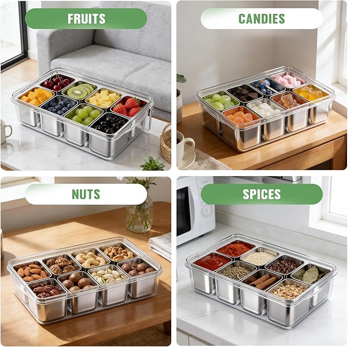 Snackle Box Container, 304 Stainless Steel Divided Serving Tray with Lid and Handle, Portable 4 Compartments Veggie Tray for Fruits,Veggies,Nuts &Candy, Dishwasher Safe for Travel,Picnic,Beach&Parties