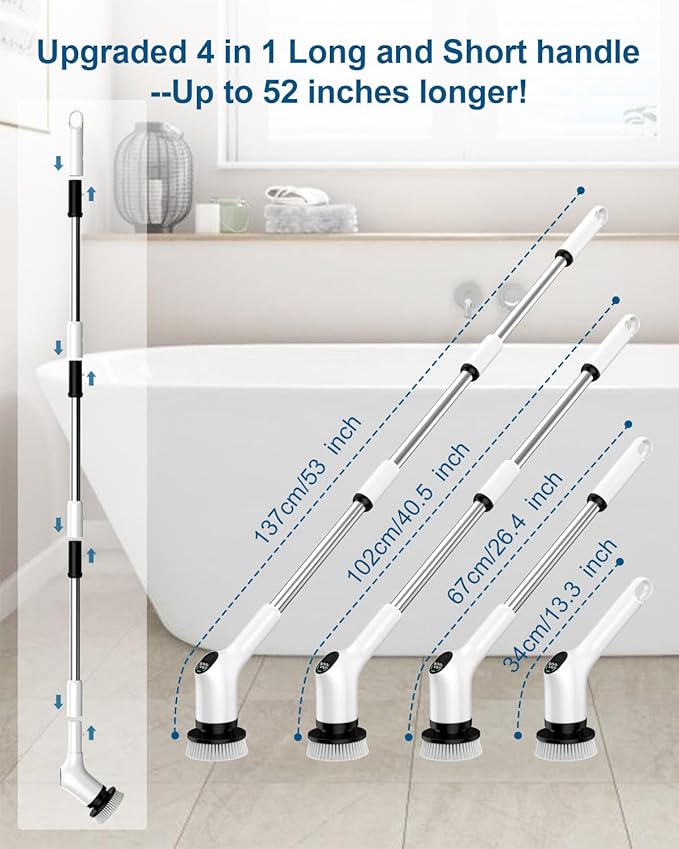 Electric Spin Scrubber, 2024 Upgrade Cordless Shower Scrubber with 8 Replaceable Brush Heads and 3 Adjustable Speeds, LED Screen and Extension Handle (Black)
