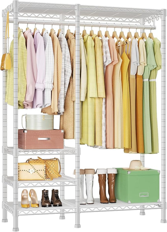 Ulif F4 Heavy Duty Clothes Rack (With Hanger Rod) Freestanding Clothing Racks for Hanging Clothes，Adjustable Closet Organizer System, Portable Garment Rack 45"W x 15.8"D x 71.3"H,Max Load 600LBS,White