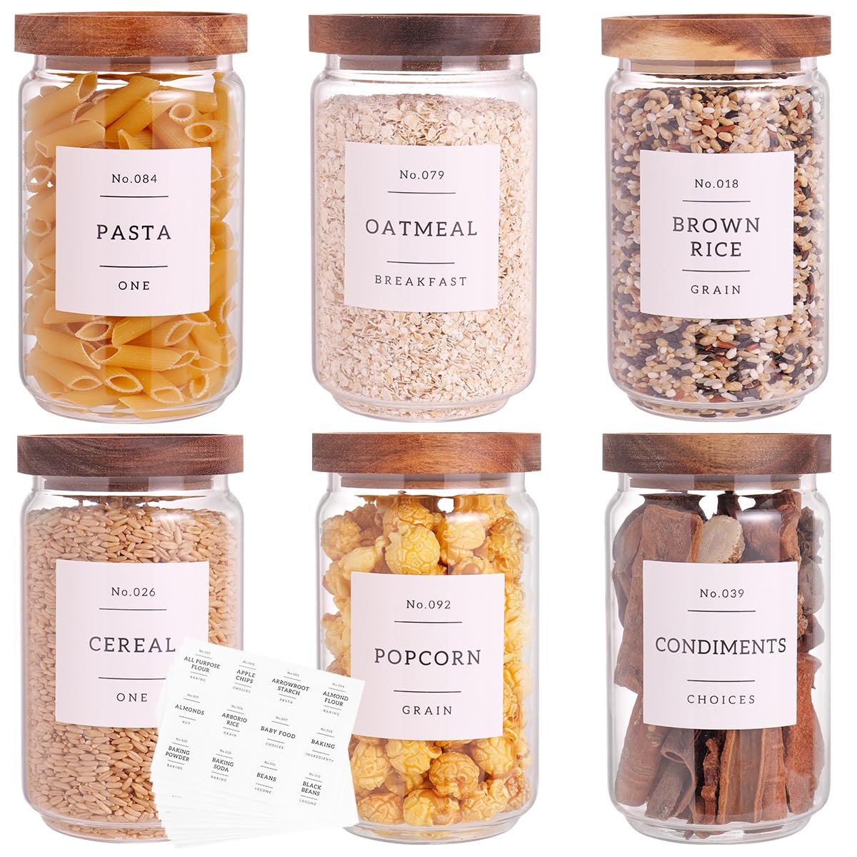 6 Set Glass Pantry Storage Jars with Acacia Airtight Lid - Image 1