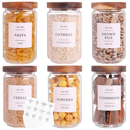 6 Set Glass Pantry Storage Jars with Acacia Airtight Lid - Image 1