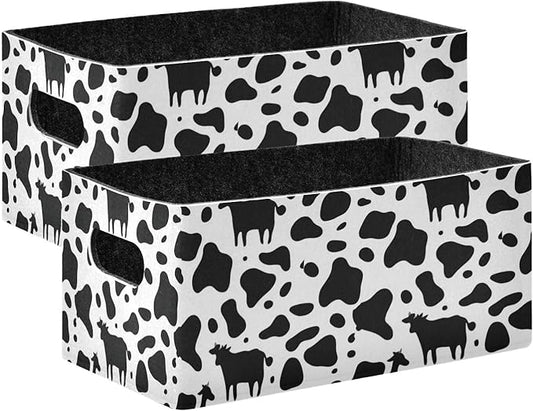 Kcldeci Cow Print Storage Bins - 2Pack Foldable Baskets for Organizing, Black & White Cow Pattern Animal Skin Print Sturdy Baskets for Shelves, Closet, Nursery, Toy