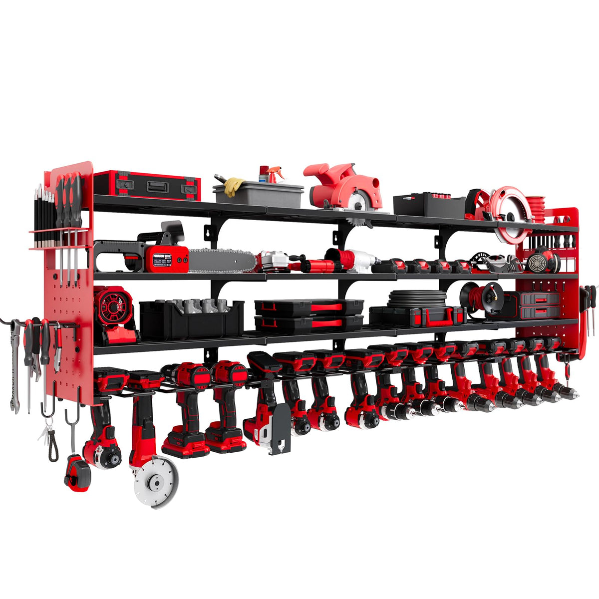 Large 65'' Wide Power Tool Organizer Wall Mount, 4-Tier 16-Drill - Image 1