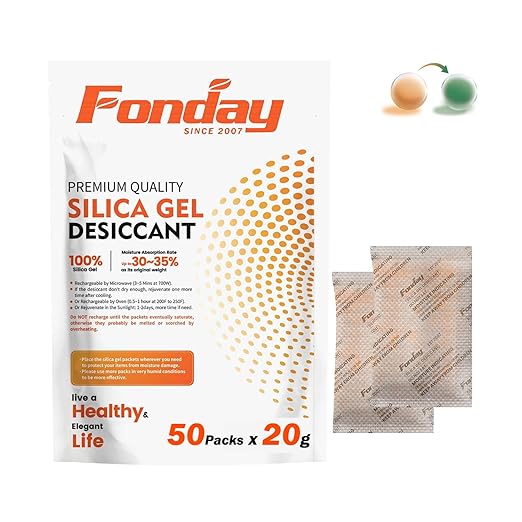 20g x 50 packs Fonday Rechargeable Silica Gel Desiccant Packets Food Grade Fast Reactivate Desiccant Bags Moisture Indicating Orange to Green