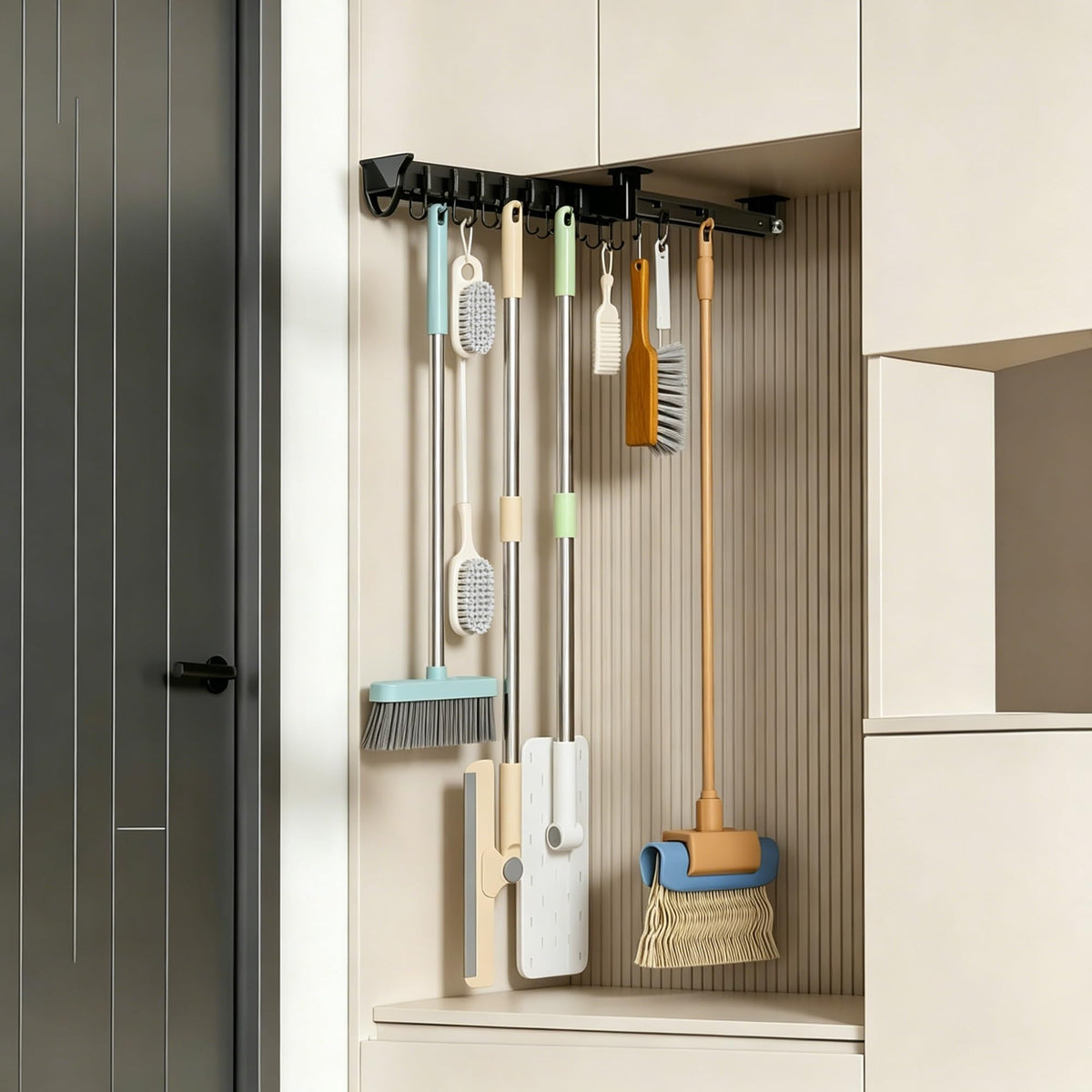 Mop Broom Holder with Heavy Duty Hooks Pull Out Slide Organizer - Image 1