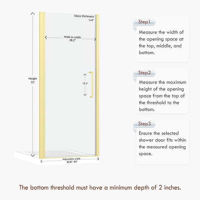 Frameless Pivot Shower Door 32.8-34" W X 72" H, 1/4" (6mm) Clear SGCC Tempered Glass, Hinged Pivot Swing Shower Door, Reversible Installation, Easy to Clean, Brushed Gold