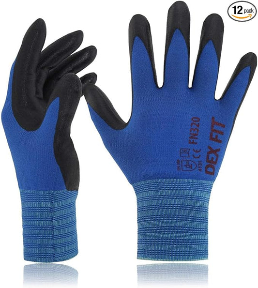 DEX FIT Nylon Work Gloves FN320, 3D Comfort Fit, Power Grip, Lightweight & Breathable, Touchscreen, Gardening, Yard Work, Warehouse, Delivery Driver Gloves; Blue 10 (XL) 12 Pairs