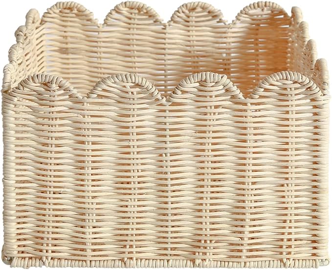 Scalloped Edge Basket, Wicker Storage Baskets, Hand Woven Baskets for Shelves,Natural Baskets for Organizing (Rattan(S-9.5" L x 9.5" W x 5.6" H))