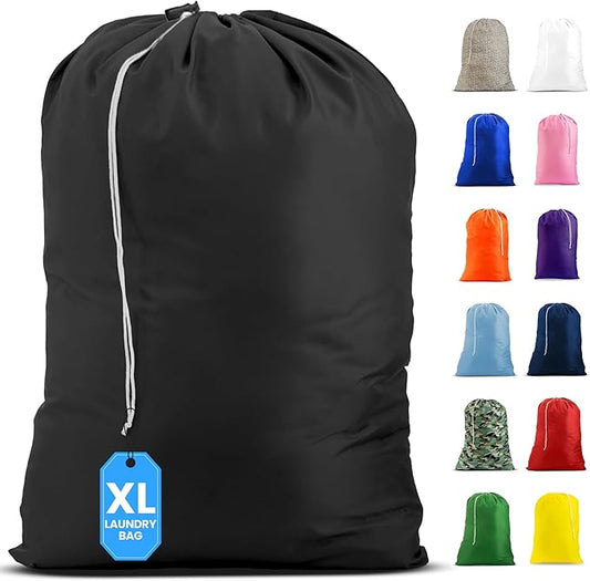 Nylon XL Laundry Bag, Large Capacity with Locking Drawstring, Machine Washable, Fits Laundry Baskets or Hampers, Holds 2 Loads of Clothes (Black, 30" x 40")