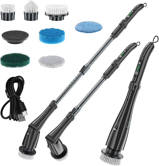 APLUSH Electric Spin Scrubber, IPX7 Waterproof Cordless Bathroom Cleaner Brush, Shower Scrubber with Adjustable Extension Handles 2 Speed, Cleaning Brush for Tub Shower Tile Floor,Black