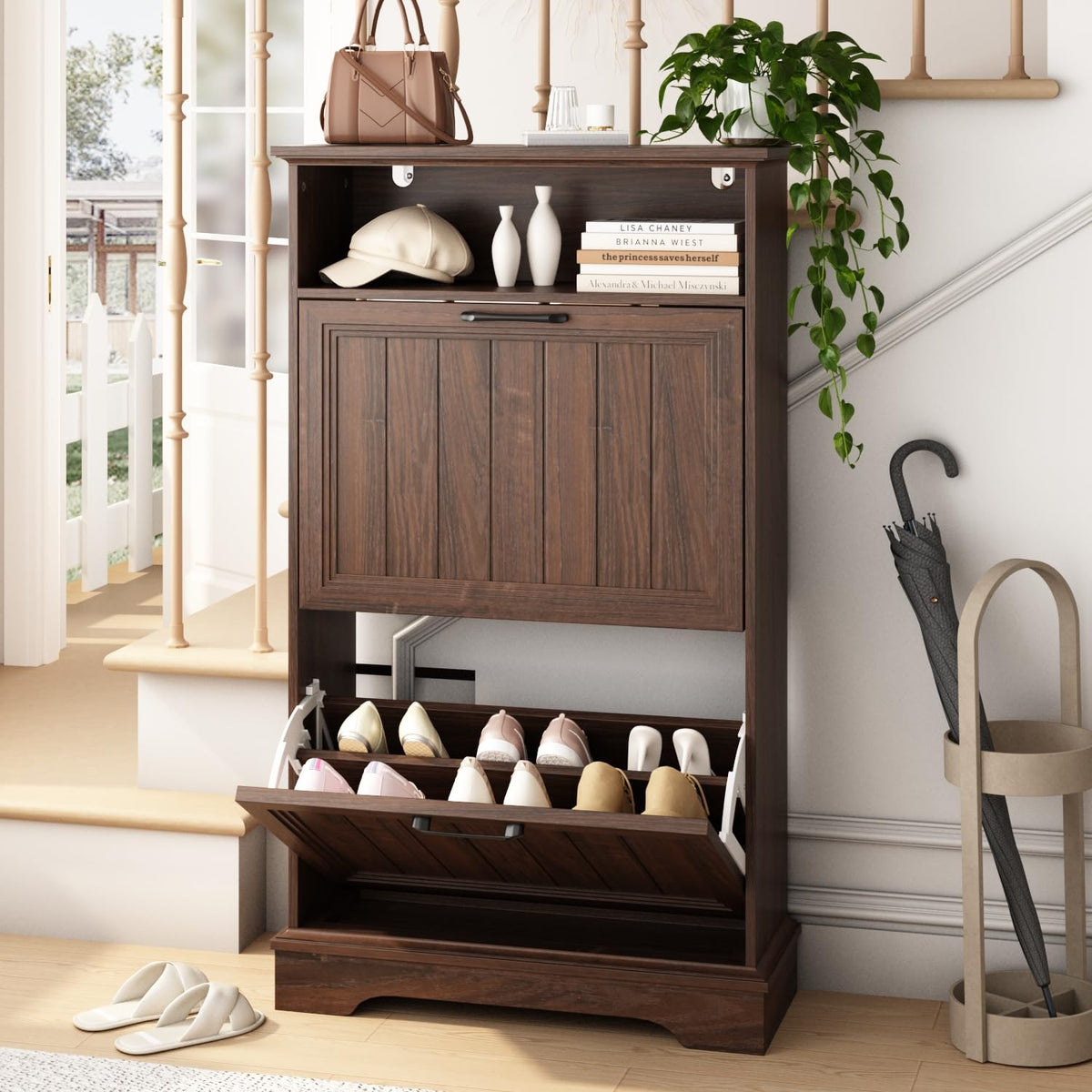 24" W Hidden Shoe Storage Cabinet with 2 Flip Drawers & - Image 1